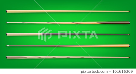 Various wooden billiard cues on green… - Stock Illustration