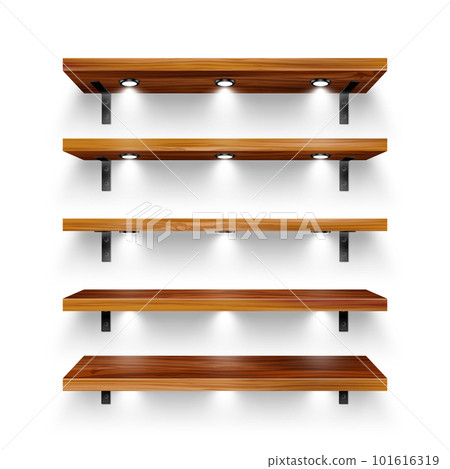 Realistic wooden store shelves with wall mount and lighting, spotlights. Empty product shelf, grocery wall rack. Mall and supermarket furniture, bookshelf. Interior design. Vector illustration Realistic wooden store shelves with wall mount and lighting, spotlights. Empty product shelf, grocery wall rack. Mall and supermarket furniture, bookshelf. Interior design. Vector illustration 101616319
