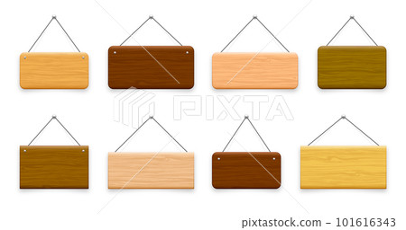 Wooden hanging signboards. Made of wood door sign for cafe, restaurant, bar or retail store. Announcement banner, information signage for business or service. Vector illustration Wooden hanging signboards. Made of wood door sign for cafe, restaurant, bar or retail store. Announcement banner, information signage for business or service. Vector illustration 101616343