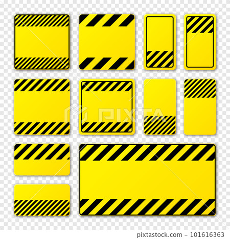 Various blank yellow warning signs with diagonal lines. Attention, danger or caution sign, construction site signage. Realistic notice signboard, warning banner, road shield. Vector illustration Various blank yellow warning signs with diagonal lines. Attention, danger or caution sign, construction site signage. Realistic notice signboard, warning banner, road shield. Vector illustration 101616363