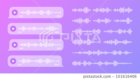 Voice, audio message, transparent speech bubbles. SMS text frame. Social media chat or messaging app conversation. Voice assistant, recorder. Sound wave pattern. Vector illustration Voice, audio message, transparent speech bubbles. SMS text frame. Social media chat or messaging app conversation. Voice assistant, recorder. Sound wave pattern. Vector illustration 101616406
