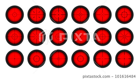 Various weapon thermal infrared sights, sniper rifle optical scopes. Hunting gun viewfinder with crosshair. Aim, shooting mark symbol. Military target sign. Game UI element. Vector illustration Various weapon thermal infrared sights, sniper rifle optical scopes. Hunting gun viewfinder with crosshair. Aim, shooting mark symbol. Military target sign. Game UI element. Vector illustration 101616484