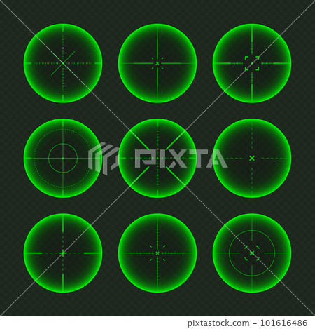 Various weapon night sights, sniper rifle optical scopes. Hunting gun viewfinder with crosshair. Aim, shooting mark symbol. Military target sign, silhouette. Game UI element. Vector illustration Various weapon night sights, sniper rifle optical scopes. Hunting gun viewfinder with crosshair. Aim, shooting mark symbol. Military target sign, silhouette. Game UI element. Vector illustration 101616486