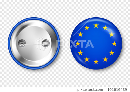 Realistic button badge with printed European flag. Souvenir from Europe. Glossy pin badge with shiny metal clasp. Product mockup for advertising and promotion. Vector illustration Realistic button badge with printed European flag. Souvenir from Europe. Glossy pin badge with shiny metal clasp. Product mockup for advertising and promotion. Vector illustration 101616489