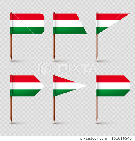 Realistic various Hungarian toothpick flags. Souvenir from Hungary. Wooden toothpicks with paper flag. Location mark, map pointer. Blank mockup for advertising and promotions. Vector illustration 101616546