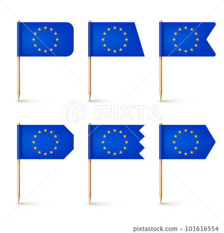 Realistic various European toothpick flags. Souvenir from Europe. Wooden toothpicks with paper flag. Location mark, map pointer. Blank mockup for advertising and promotions. Vector illustration Realistic various European toothpick flags. Souvenir from Europe. Wooden toothpicks with paper flag. Location mark, map pointer. Blank mockup for advertising and promotions. Vector illustration 101616554