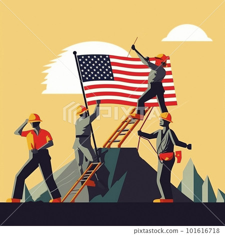 Labor Day, the union of all workers. The workers on the background of the flag Labor Day, the union of all workers. The workers on the background of the flag 101616718