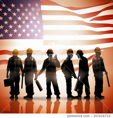 Labor Day, the union of all workers. The workers on the background of the flag Labor Day, the union of all workers. The workers on the background of the flag 101616719