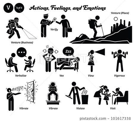Stick figure human people man action, feelings, and emotions icons alphabet V. Venture, business, place, verify, verbalize, vex, view, vigorous, vibrate, violate, and visit. 101617338