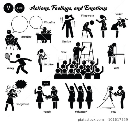 Stick figure human people man action, feelings, and emotions icons alphabet V. Visualize, vitalize, vituperate, vomit, volley, vocalize, vote, vociferate, vouch, volunteer, and vow. 101617339