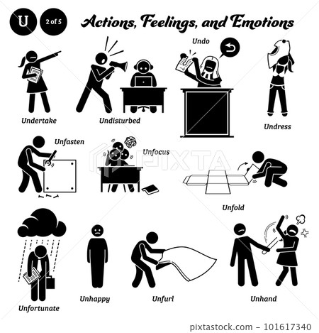 Stick figure human people man action, feelings, and emotions icons alphabet U. Undertake, undisturbed, undo, undress, unfasten, unfocus, unfold, unfortunate, unhappy, unfurl, and unhand. Stick figure human people man action, feelings, and emotions icons alphabet U. Undertake, undisturbed, undo, undress, unfasten, unfocus, unfold, unfortunate, unhappy, unfurl, and unhand. 101617340