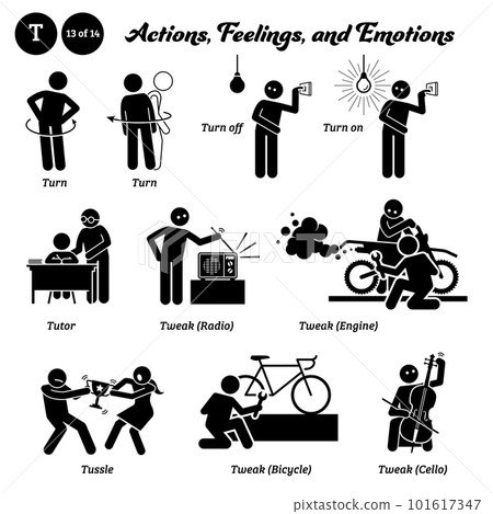 Stick figure human people man action, feelings, and emotions icons alphabet T. Turn, turn off, turn on, tutor, tweak, radio, engine, bicycle, cello, and tussle. Stick figure human people man action, feelings, and emotions icons alphabet T. Turn, turn off, turn on, tutor, tweak, radio, engine, bicycle, cello, and tussle. 101617347