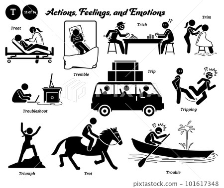Stick figure human people man action, feelings, and emotions icons alphabet T. Treat, tremble, trick, trim, troubleshoot, trip, tripping, triumph, trot, and trouble. Stick figure human people man action, feelings, and emotions icons alphabet T. Treat, tremble, trick, trim, troubleshoot, trip, tripping, triumph, trot, and trouble. 101617348