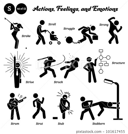 Stick figure human people man action, feelings, and emotions icons alphabet S. Stroke, stroll, struggle, strong, strive, struct, structure, strum, strut, stub, and stubborn. Stick figure human people man action, feelings, and emotions icons alphabet S. Stroke, stroll, struggle, strong, strive, struct, structure, strum, strut, stub, and stubborn. 101617455