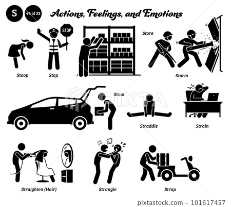 Stick figure human people man action, feelings, and emotions icons alphabet S. Stoop, stop, store, storm, stow, straddle, strain, straighten, hair, strangle, and strap. 101617457