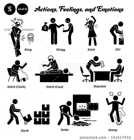 Stick figure human people man action, feelings, and emotions icons alphabet S. Sting, stingy, stink, stir, stitch, cloth, cuts, stipulate, stock, stoke, and stomp. Stick figure human people man action, feelings, and emotions icons alphabet S. Sting, stingy, stink, stir, stitch, cloth, cuts, stipulate, stock, stoke, and stomp. 101617458