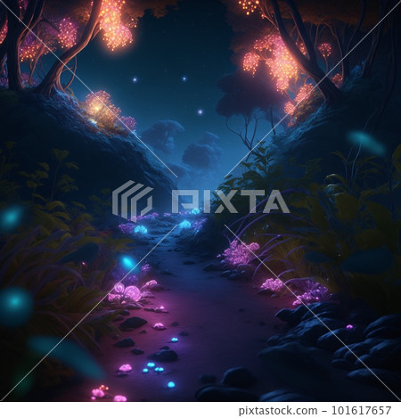 Mesmerizing bioluminescent night scene - nature, magic plants, colorful, with a spectacular volumetric background. The breathtaking landscape, vibrant electric colors, AI Generated Mesmerizing bioluminescent night scene - nature, magic plants, colorful, with a spectacular volumetric background. The breathtaking landscape, vibrant electric colors, AI Generated 101617657