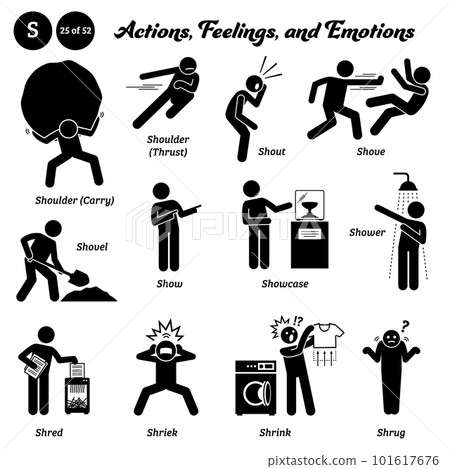 Stick figure human people man action, feelings, and emotions icons alphabet S. Shoulder, carry, thrust, shout, shove, shovel, show, showcase, shower, shred, shriek, shrink, and shrug. Stick figure human people man action, feelings, and emotions icons alphabet S. Shoulder, carry, thrust, shout, shove, shovel, show, showcase, shower, shred, shriek, shrink, and shrug. 101617676