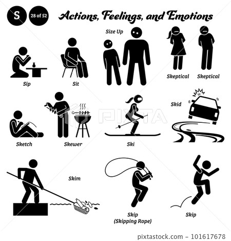 Stick figure human people man action, feelings, and emotions icons alphabet S. Sip, sit, size up, skeptical, sketch, skewer, ski, skid, skim, skip, and skipping rope. Stick figure human people man action, feelings, and emotions icons alphabet S. Sip, sit, size up, skeptical, sketch, skewer, ski, skid, skim, skip, and skipping rope. 101617678