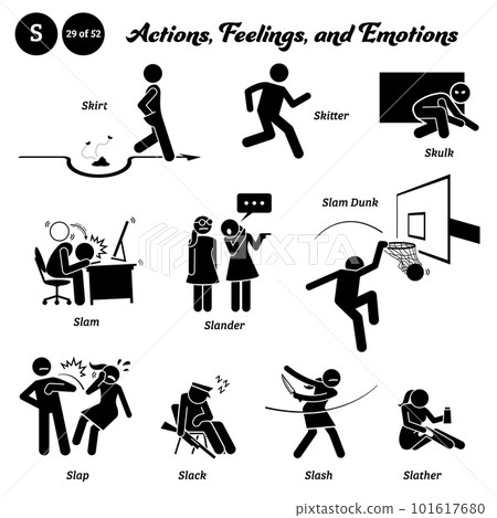 Stick figure human people man action, feelings, and emotions icons alphabet S. Skirt, skitter, skulk, slam, slander, slam dunk, slap, slack, slash, and slather. Stick figure human people man action, feelings, and emotions icons alphabet S. Skirt, skitter, skulk, slam, slander, slam dunk, slap, slack, slash, and slather. 101617680