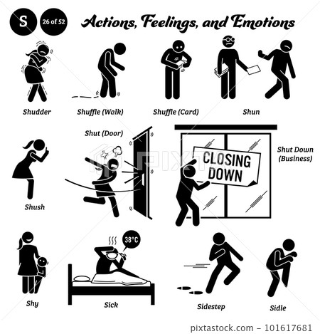 Stick figure human people man action, feelings, and emotions icons alphabet S. Shudder, shuffle, walk, card, shun, shush, shut, door, shut down, business, shy, sick, sidestep, and sidle.  101617681