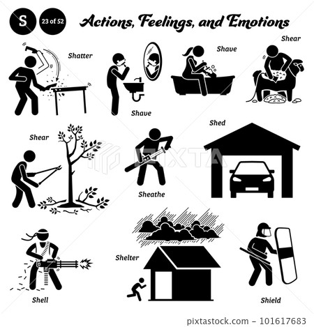 Stick figure human people man action, feelings, and emotions icons alphabet S. Shatter, shave, shear, sheathe, shed, shell, shelter, and shield. Stick figure human people man action, feelings, and emotions icons alphabet S. Shatter, shave, shear, sheathe, shed, shell, shelter, and shield. 101617683