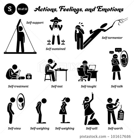 Stick figure human people man action, feelings, and emotions icons alphabet S. Self, support, sustained, tormentor, treatment, test, taught, talk, view, weighing, will, and worth.  101617686