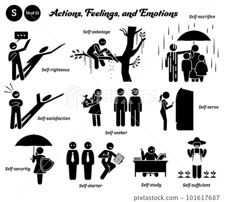 Stick figure human people man action, feelings, and emotions icons alphabet S. Self, righteous, sabotage, sacrifice, satisfaction, seeker, serve, security, starter, study, and sufficient. Stick figure human people man action, feelings, and emotions icons alphabet S. Self, righteous, sabotage, sacrifice, satisfaction, seeker, serve, security, starter, study, and sufficient. 101617687