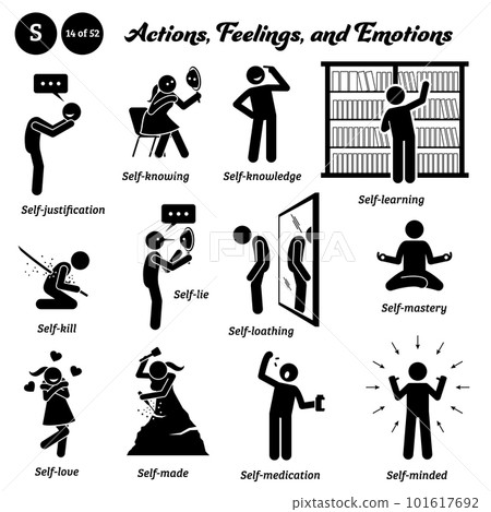 Stick figure human people man action, feelings, and emotions icons alphabet S. Self, justification, knowing, knowledge, learning, kill, lie, loathing, mastery, love, made, medication, and minded. 101617692
