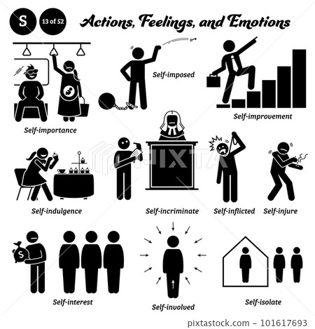 Stick figure human people man action, feelings, and emotions icons alphabet S. Self, importance, imposed, improvement, indulgence, incriminate, inflicted, injure, interest, involved, and isolate. 101617693
