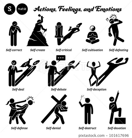 Stick figure human people man action, feelings, and emotions icons alphabet S. Self, correct, create, critical, cultivation, defeating, deal, debate, deception, defense, denial, destruct, and devotion 101617696