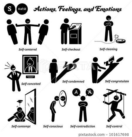 Stick figure human people man action, feelings, and emotions icons alphabet S. Self, centered, checkout, cleaning, conceited, condemned, congratulate, conscious, contradiction, and control. Stick figure human people man action, feelings, and emotions icons alphabet S. Self, centered, checkout, cleaning, conceited, condemned, congratulate, conscious, contradiction, and control. 101617698