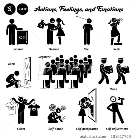 Stick figure human people man action, feelings, and emotions icons alphabet S. Secure, seduce, see, seek, seep, segment, seize, select, self-abuse, self-acceptance, and self-adjustment. 101617700