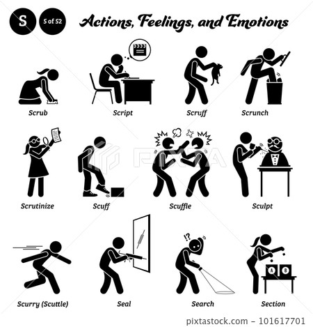 Stick figure human people man action, feelings, and emotions icons alphabet S. Script, scrub, scruff, scrunch, scrutinize, scuff, scuffle, sculpt, sculptor, scurry, scuttle, seal, search, and section. 101617701