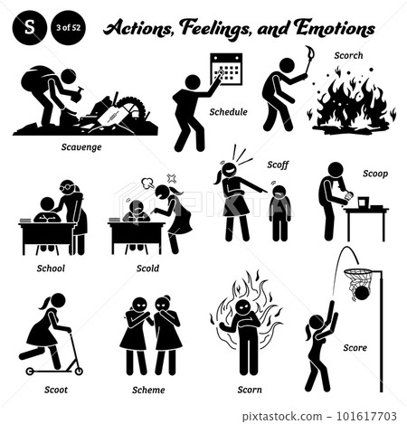 Stick figure human people man action, feelings, and emotions icons alphabet S. Scavenge, schedule, scorch, school, scold, scoff, scoop, scoot, scheme, scorn, and score. 101617703