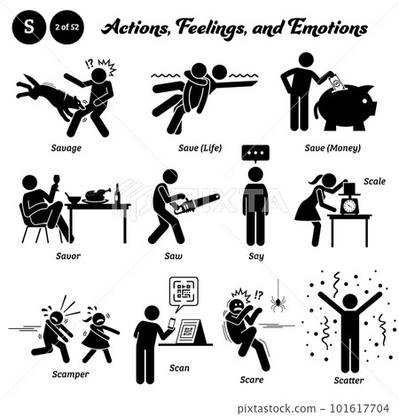 Stick figure human people man action, feelings, and emotions icons alphabet S. Savage, save life, save money, savor, saw, say, scale, scamper, scan, scare, and scatter. Stick figure human people man action, feelings, and emotions icons alphabet S. Savage, save life, save money, savor, saw, say, scale, scamper, scan, scare, and scatter. 101617704