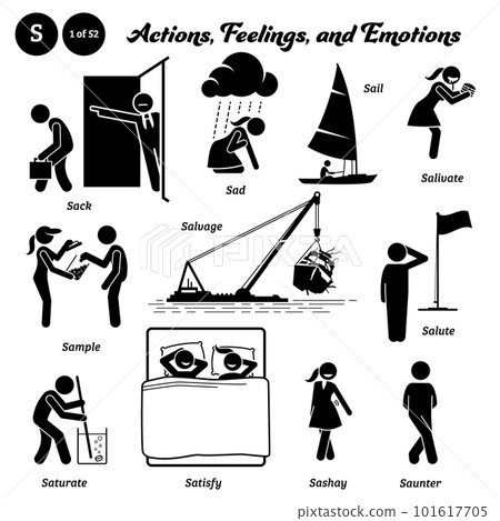 Stick figure human people man action, feelings, and emotions icons alphabet S. Sack, sad, sail, salivate, sample, salvage, salute, saturate, satisfy, sashay, and saunter. Stick figure human people man action, feelings, and emotions icons alphabet S. Sack, sad, sail, salivate, sample, salvage, salute, saturate, satisfy, sashay, and saunter. 101617705