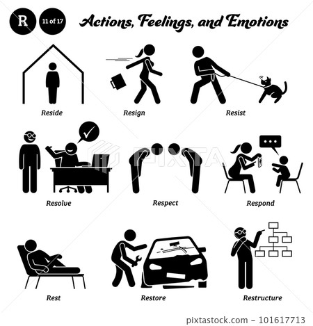 Stick figure human people man action, feelings, and emotions icons alphabet R. Reside, resign, resist, resolve, respect, respond, rest, restore, and restructure. 101617713