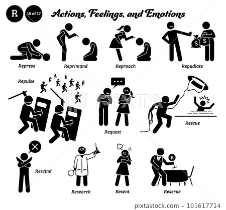 Stick figure human people man action, feelings, and emotions icons alphabet R. Repress, reprimand, reproach, repudiate, repulse, request, rescue, rescind, research, resent, and reserve. Stick figure human people man action, feelings, and emotions icons alphabet R. Repress, reprimand, reproach, repudiate, repulse, request, rescue, rescind, research, resent, and reserve. 101617714