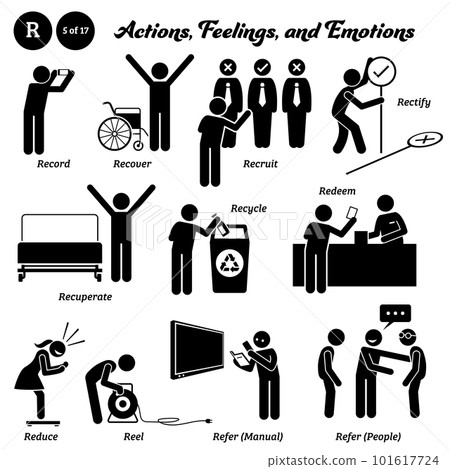 Stick figure human people man action, feelings, and emotions icons alphabet R. Record, recover, recruit, rectify, recuperate, recycle, redeem, reduce, reel, refer manual, and people. Stick figure human people man action, feelings, and emotions icons alphabet R. Record, recover, recruit, rectify, recuperate, recycle, redeem, reduce, reel, refer manual, and people. 101617724