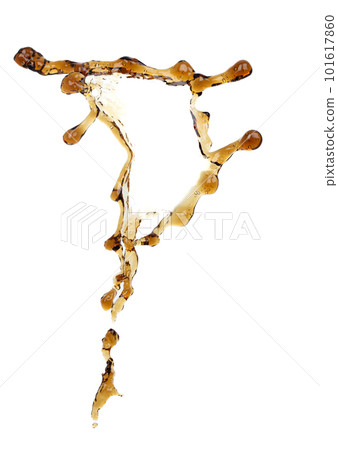 Coffee drink Shape form droplet of espresso splashes into drop cola line tube attack fluttering in air and stop motion freeze shot. Splash soyu soy sauce coffee drink texture graphic resource elements 101617860
