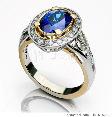 Gold ring with sapphire and diamonds isolated on white background, generative AI. 101618280