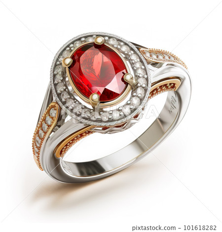 Gold ring with ruby and diamonds isolated on white background, generative AI. Gold ring with ruby and diamonds isolated on white background, generative AI. 101618282