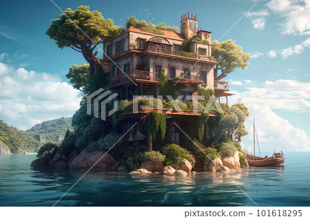 Vintage house on sea island, scenery of old hotel on rock, generative AI. 101618295