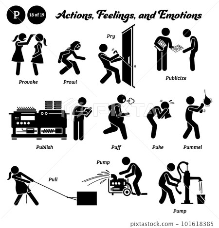 Stick figure human people man action, feelings, and emotions icons alphabet P. Provoke, prowl, pry, publicize, publish, puff, puke, pummel, pull, and pump. 101618385