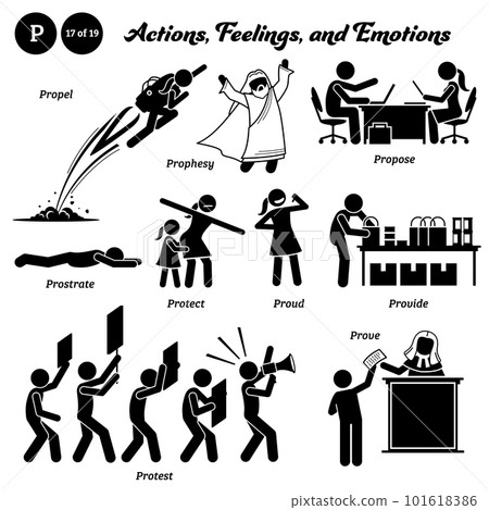Stick figure human people man action, feelings, and emotions icons alphabet P. Propel, prophesy, propose, prostrate, protect, proud, provide, protest, and prove. 101618386