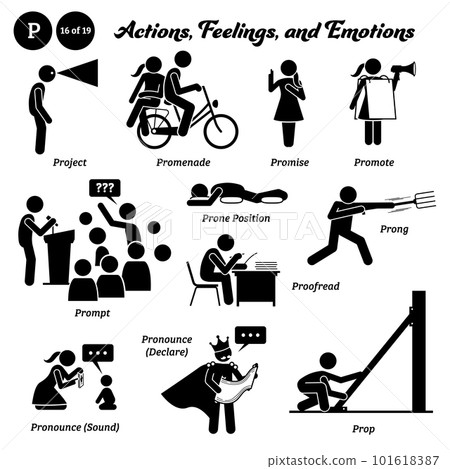 Stick figure human people man action, feelings, and emotions icons alphabet P. Project, promenade, promise, promote, prompt, prone position, proofread, prong, pronounce, sound, declare, and prop. 101618387