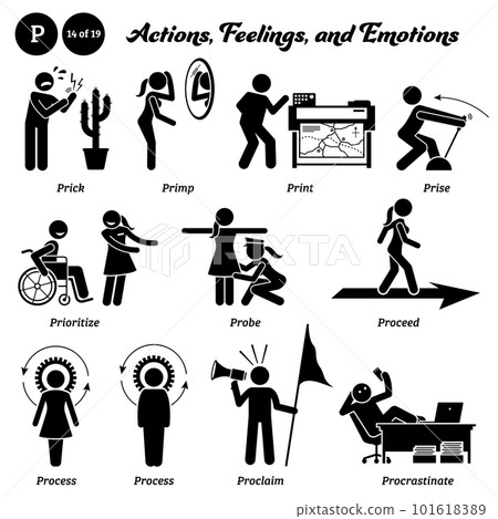 Stick figure human people man action, feelings, and emotions icons alphabet P. Prick, primp, print, prise, prioritize, probe, proceed, process, proclaim, and procrastinate.  101618389