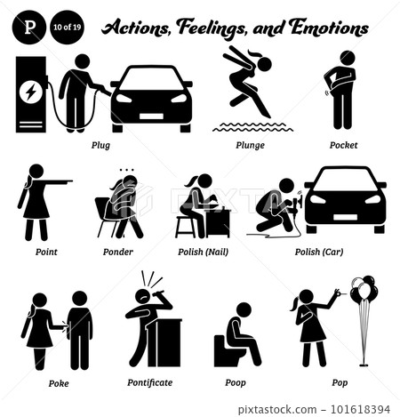 Stick figure human people man action, feelings, and emotions icons alphabet P. Plug, plunge, pocket, point, ponder, polish, nail, car, poke, pontificate, poop, and pop.  101618394