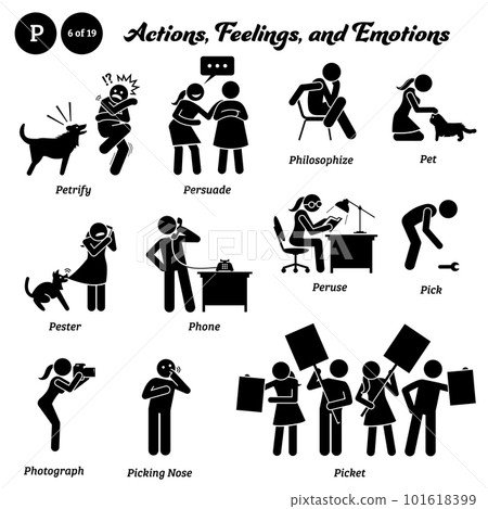 Stick figure human people man action, feelings, and emotions icons alphabet P. Petrify, persuade, philosophize, pet, pester, phone, peruse, pick, photograph, picking nose, and picket. 101618399